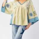Womens Floral Printed Blouse V-Neck 3/4 Sleeves Loose Fit Vintage Babydoll Tops (Small, Green)