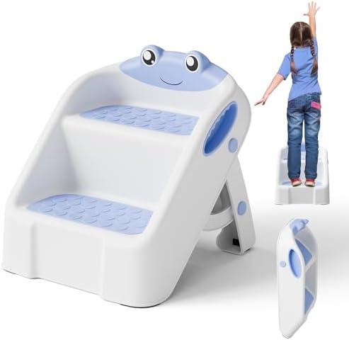 Toddler Step Stool, Easy to Fold Step Stools for Toddlers with Non-Slip Surface & Alphabet Patterns, Lightweight & Cute Kids Step Stool for Potty Training, Bathroom Sink, and Bedroom, Blue