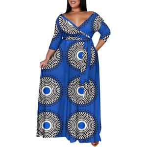 Runwind Plus Size Maxi Dresses for Curvy Women, 3/4 Sleeve V Neck Long Printed Dress with Belt Casual Dress with Pockets (Blue, XXL)