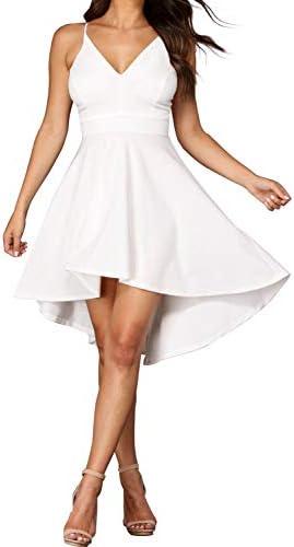 FANCYINN Women High-Low Hem Dress Spaghetti Straps Deep V Neck Floral Backless A Line Skater Cocktail Dresses, Small