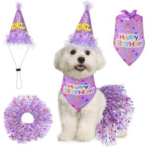 Dog Birthday Bandana with Hat and Dress Girl Set Puppy Birthday Party Supplies Cute Tutu Skirt Outfit for Small Medium Large Dogs Decorations(Purple)