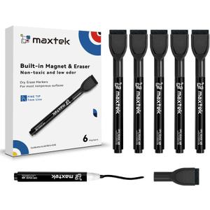 maxtek Magnetic Black Dry Erase Markers, 6 Count Fine Tip Whiteboard Markers with Eraser, Thin Markers Low Odor for Classroom, Office, Home