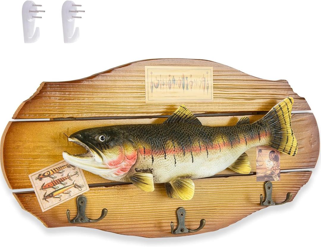 Rustic Wooden Fish Wall Hooks Wall Mount Beach Coastal Ocean Theme Key Holder with Resin Fish for Keys, Jackets, Towels, Gift Hallway Entryway Kitchen Wall Art Decor (Style B)