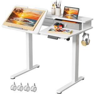 White Standing Desk60 Tiltable Height Adjustable Electric Rising Desk40Inch Foldable Mobile Laptop Table with Shelf,Monitor Stand, Drawer ,Flippable Drafting Workstation on Wheels for Kids Drawing