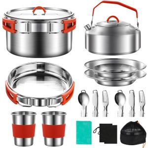 304 Stainless Steel Camping Cookware Set - Mess Kit with Pots, Pans, Kettle, Plates, Forks, Knives, Spoons for 2 People, Perfect for Camping, Picnic, RVs