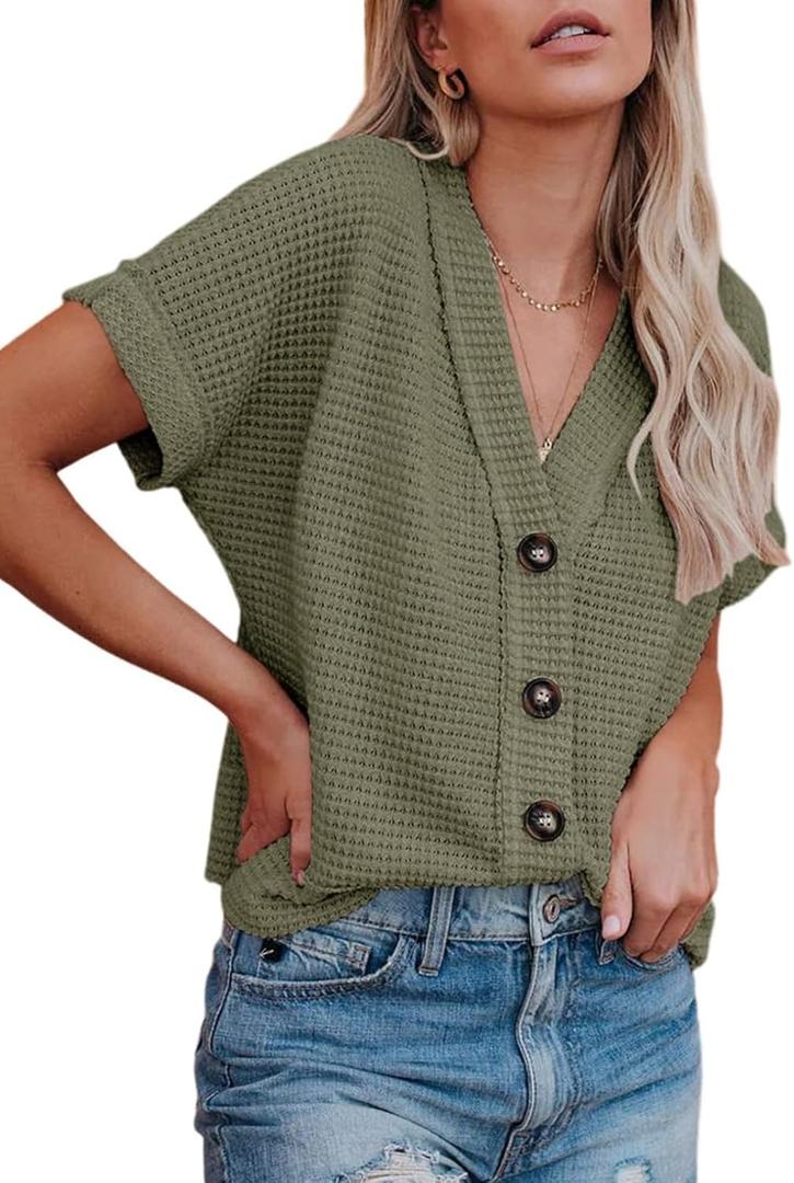 Dokotoo Womens Summer Tops 2025 Waffle Knit Button Down Shirts Casual V Neck Short Sleeve Shacket Jacket Dressy Blouses (XX-Large, Green)