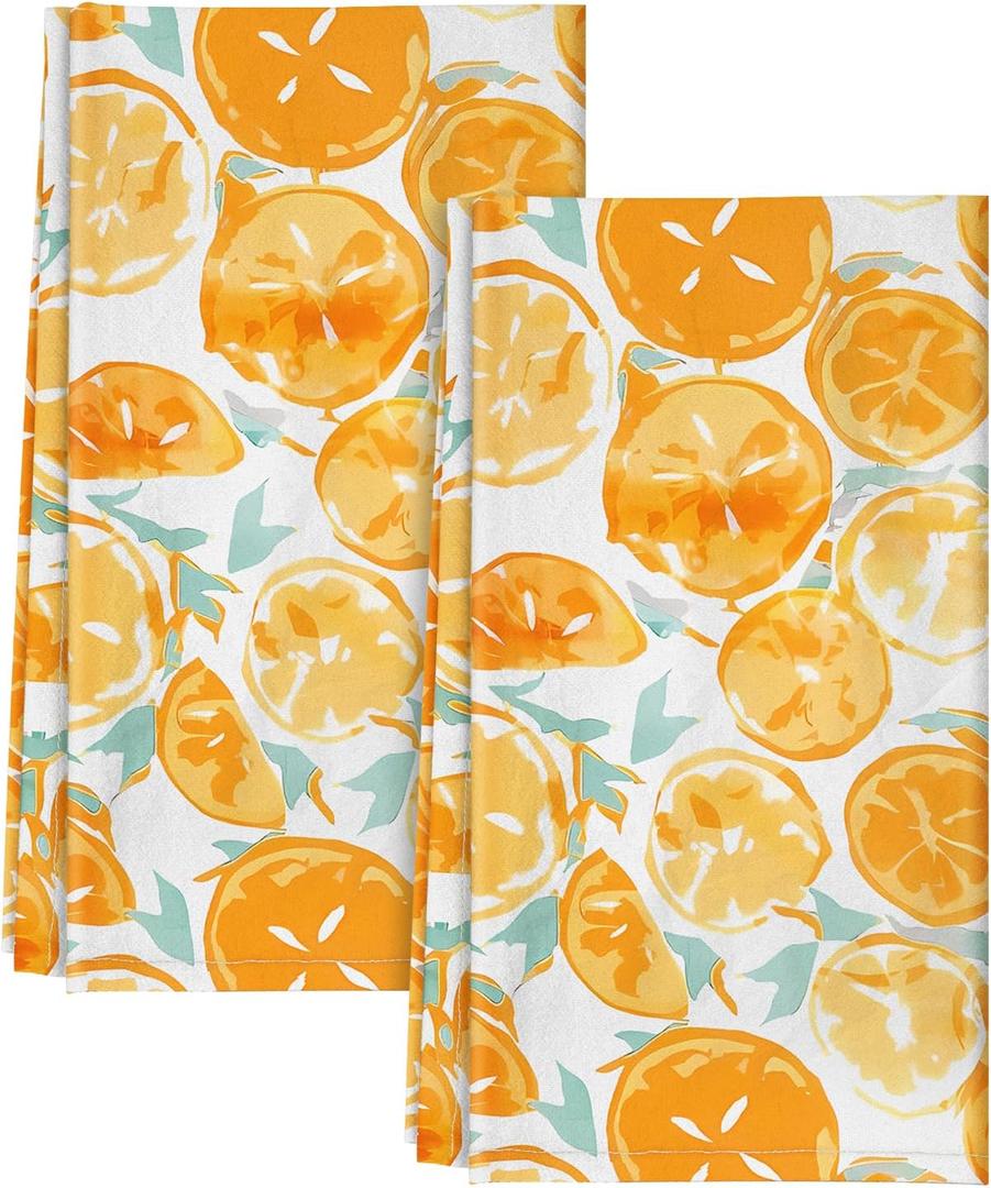 Flour Sack Kitchen Towels - Set of 2 Spring Dish Towels with Hanging Loop 18x26 Inch Absorbent Reusable Cotton Cloths for Cleaning Cute Design Home Decorative Housewarming, Lemon