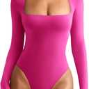 REORIA Women's Basic Lightweight Layering Sexy Slim Square Neck Long Sleeve Bodysuit Tops (Neon Rose Red), Small