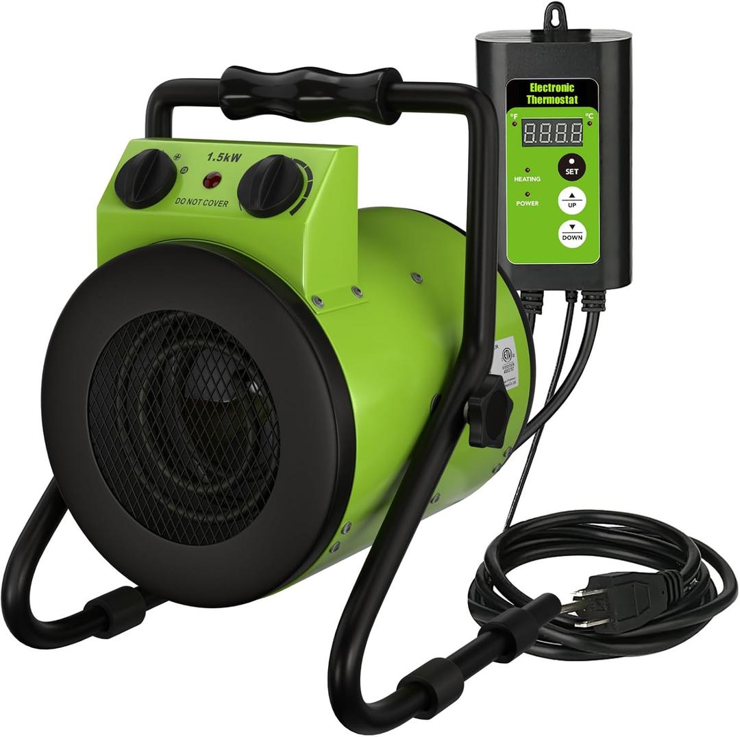 Gardtech Greenhouse Heater with Digital Thermostat, 1500W Portable Outdoor Heater with Overheat Protection, Grow Tent Heaters [Stronger air volume] Fast Heating for Patio, Garage, Flower House, (Green)