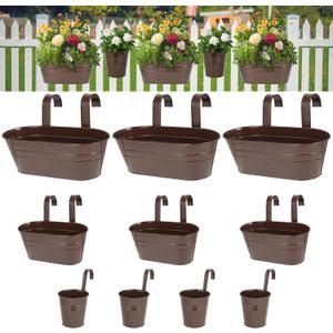 3 Different Size Metal Iron Hanging Flower Pots 10 Pcs for Outdoor Plants Metal Hanging Bucket Pots Iron Railing Fence Planter with Drainage Holes and Hooks for Porch Railing Balcony Fence (Bronze)