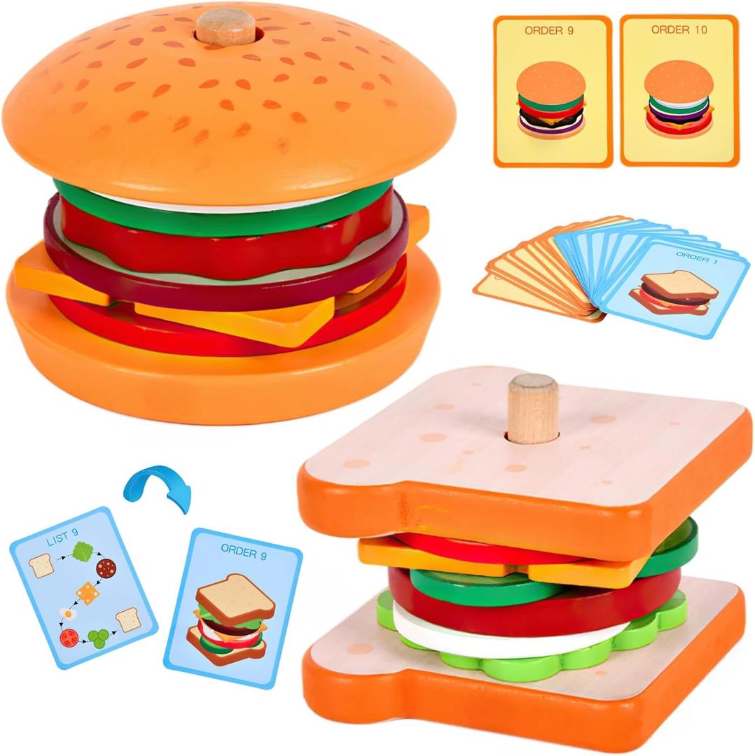 Wooden Burger Sandwich Stacking Toys for Kids, Montessori Toys for Toddlers & Preschoolers, Develops Fine Motor Skills