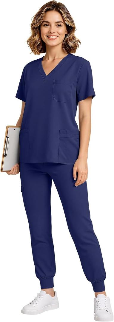 Scrubs for Women Set - V-Neck Scrub Top & Jogger Pants with 9 Pockets, Stretch Comfortable Medical Uniform (Blue, S)