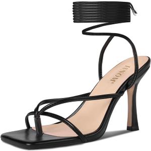 ISNOM Lace Up Heels Sandals for Women, Square Toe, Open Toe Thong, Stiletto Heels Design (8, Black)