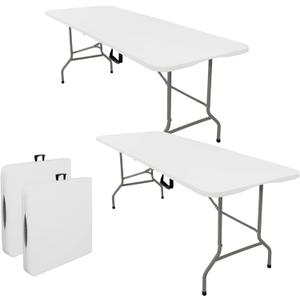 Set of 2 Folding Tables with Carrying Handle Lightweight Rectangular Portable Plastic Camping Table Steel Legs for Party, Dining, Wedding, Events, Picnic Indoor, Outdoor (6FT, White)
