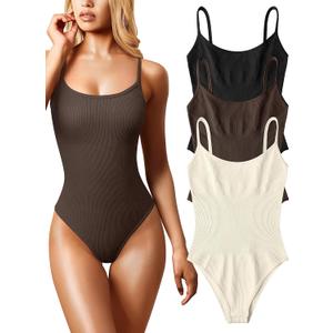 OQQ Women's 3 Piece Bodysuits Sexy Ribbed Sleeveless Adjustable Spaghetti Strips Tops Leotard 2025 Summer Black Darkbrown Beige (XL)