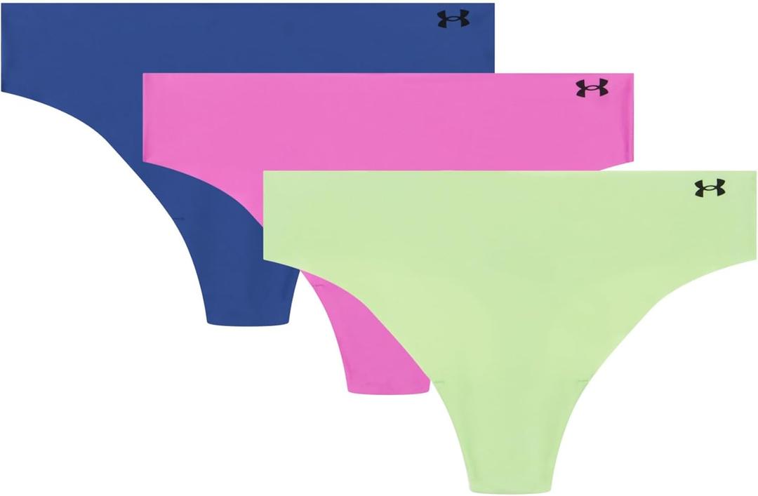 Under Armour Women's 3-pack Pure Stretch No Show Thong Underwear, All-day Comfort & Ultra-soft Fit (Medium, Retro Green/Magenta/Blue)