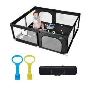 [Upgraded] dearlomum Baby Playpen, 71"x59" Extra Large Playard with Thickened Steel Pipes, Baby Activity Center with Gate & Toys, Sturdy Soft Mesh Safety Fence for Toddlers (Black)