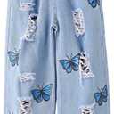 WDIRARA Girl's Butterfly Print Elastic Waist Wide Leg Ripped Jeans Denim Pants (Blue)