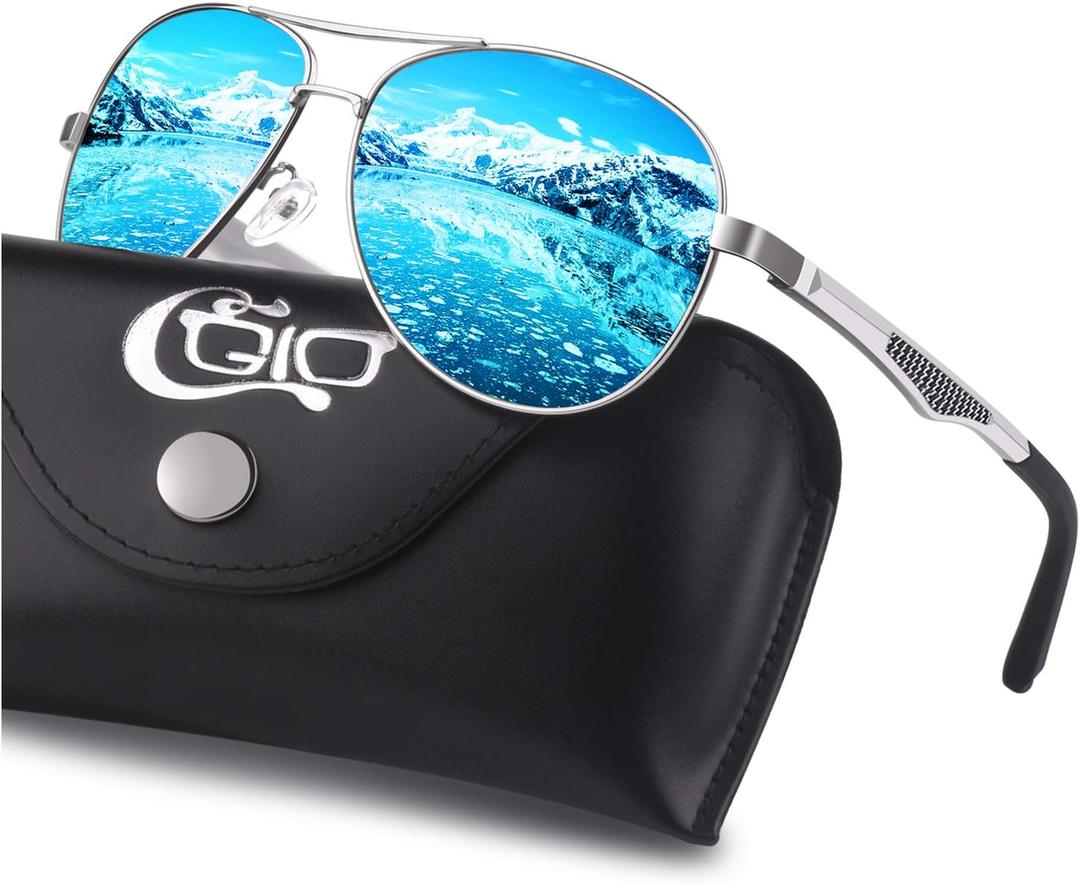 CGID GA61 Premium Al-Mg Alloy Pilot Polarized Sunglasses UV400, Full Mirrored Spring Hinges Sun Glasses for Men Women Shades (Al-mg Frame |62mm| Silver Blue)