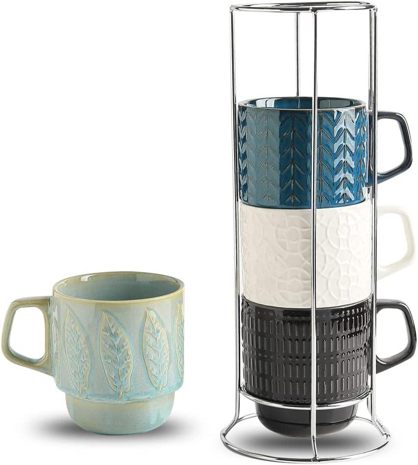 KOOV Ceramic Coffee Mug Set with Stand, 16 oz Coffee Mug for Coffee, Tea, Cocoa, Stackable Ceramic Coffee Cup Set of 4, Large Coffee Mugs Set of 4, Drinking Vessels for Women, Men (Blueset)