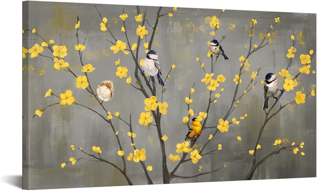 iHAPPYWALL Large Floral Bird Canvas Wall Art Abstract Birds on Flower Tree Branch Yellow and Gray Artwork for Modern Home Bedroom Decor Ready to Hang 20x36inch