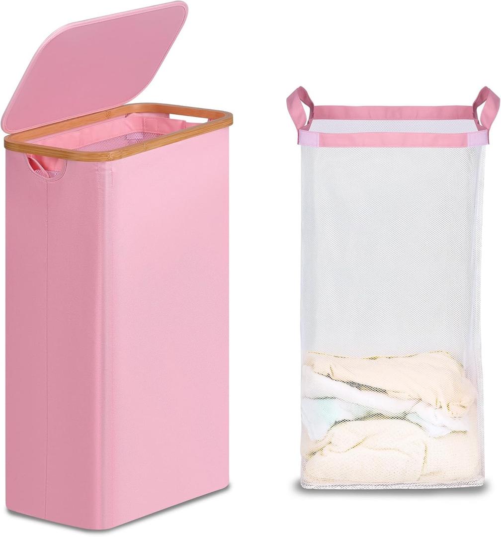 efluky Slim Laundry Basket with Lid, Narrow Laundry Hamper with Removable Bag, Skinny Dirty Clothes Basket with Bamboo Handles for Bathroom, Bedroom & Laundry Room, 75L Pink