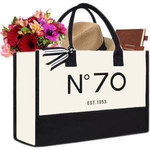 QLSKO 70th Birthday Gift Canvas Tote Bag for Women, N°70 EST.1955 Keepsake Beach Bag 70 Party Birthday Present for Her seventy