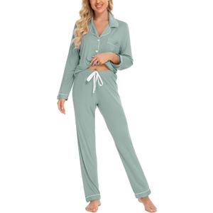 Leikar Button Down Pajamas for Women Soft Viscose Sleepwear Long Sleeve Pjs Set Maternity Nursing Postpartum Loungewear (Green, M)