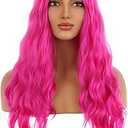 BERON 27 Inches Hot Pink Wig - Long Wavy Middle Part Curly Synthetic Hair for Women Girls - Heat Resistant Cosplay Daily Wear