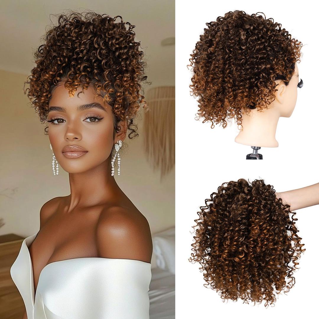Short Kinky Curly Brown Drawstring Ponytail Extension for Black Women Synthetic Ombre Brown Afro Kinky Curly Ponytail Drawstring Extension Messy Bun Hair Piece for Daily Party 10Inch T1B/30