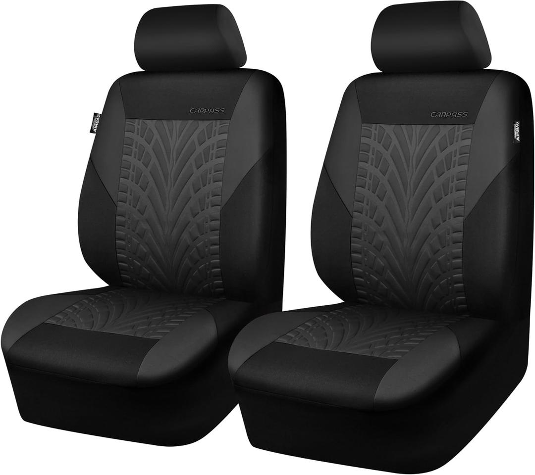 CAR PASS Emboss Tyre Front Seat Covers, Universal Fit Elastic Breath Premium Cloth seat Covers Front Seats only for Truck SUV Sedan, Airbag Compatible, Charcoal on Black
