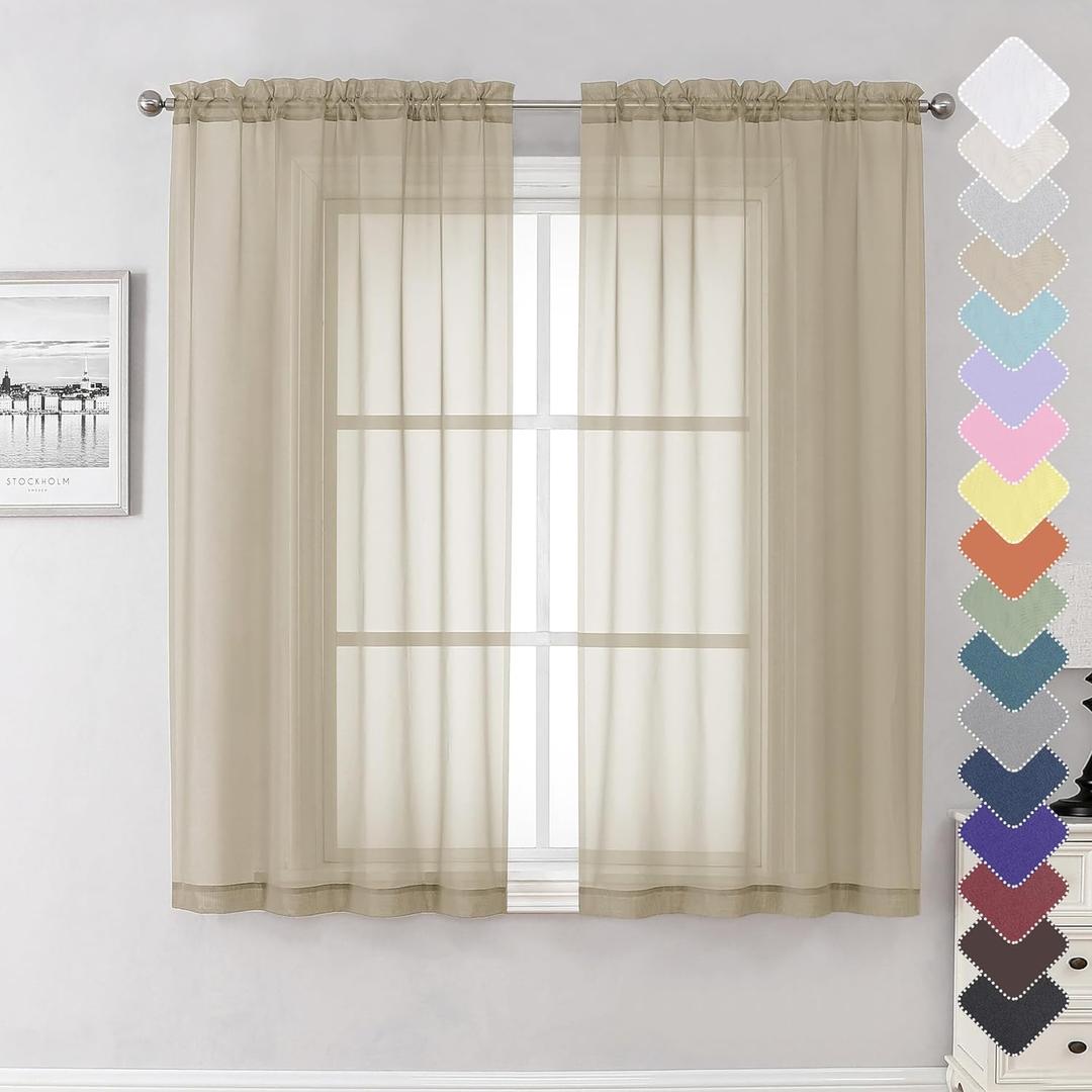 Lecloud Taupe Sheer Curtains 63 Inch Length 2 Panels, Airy & Breathable Solid Voile Tan Bedroom Drapes with Dual Rod Pockets, Gauzy Farmhouse Living Room Window Treatments, 40" W x 63" L