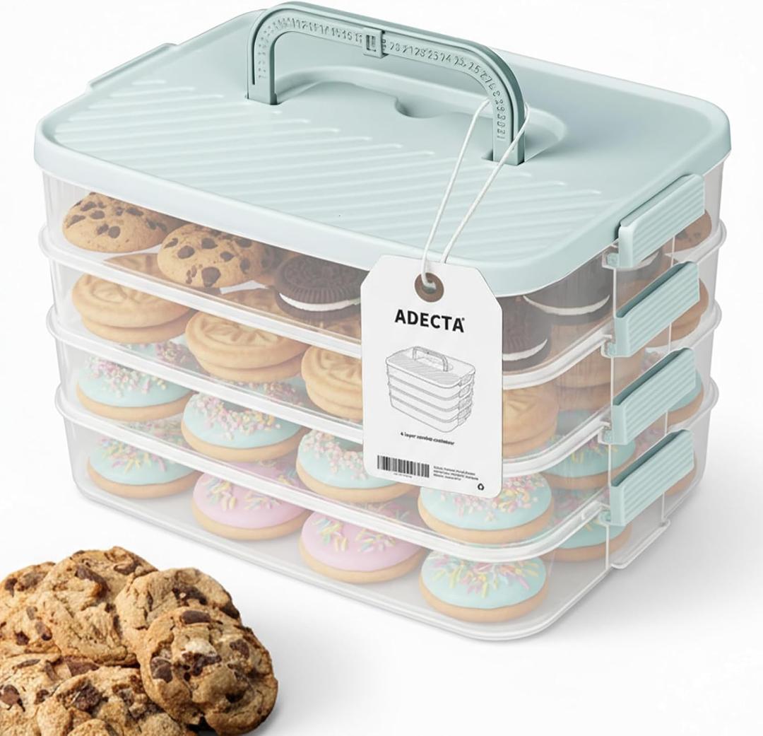 Stackable Cookie Storage Containers, 4-Layer with Lids and Handle, Stackable food Storage Containers, Containers for Cookies, BPA-Free Cookie Carrier for Cookies, Desserts (Light Blue)