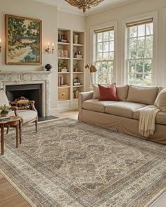 Color&Geometry 8x10 Machine Washable Low Pile Area Rugs for Living Room, Thin Soft Vintage - Ogee Lattice Area Carpet with Non Slip TPE Backing for Bedroom, Dining Room, Beige and Brown