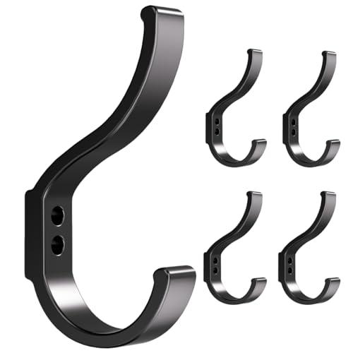 Pack of 2, 5 Pack Coat Hooks Heavy Duty for Hats Backpack(30LBS),Decorative Black Wall Towel Hooks for Hanging Jackets Robes Purse Clothes,A Modern Home Deco for Your Bathroom Kitchen Entryway