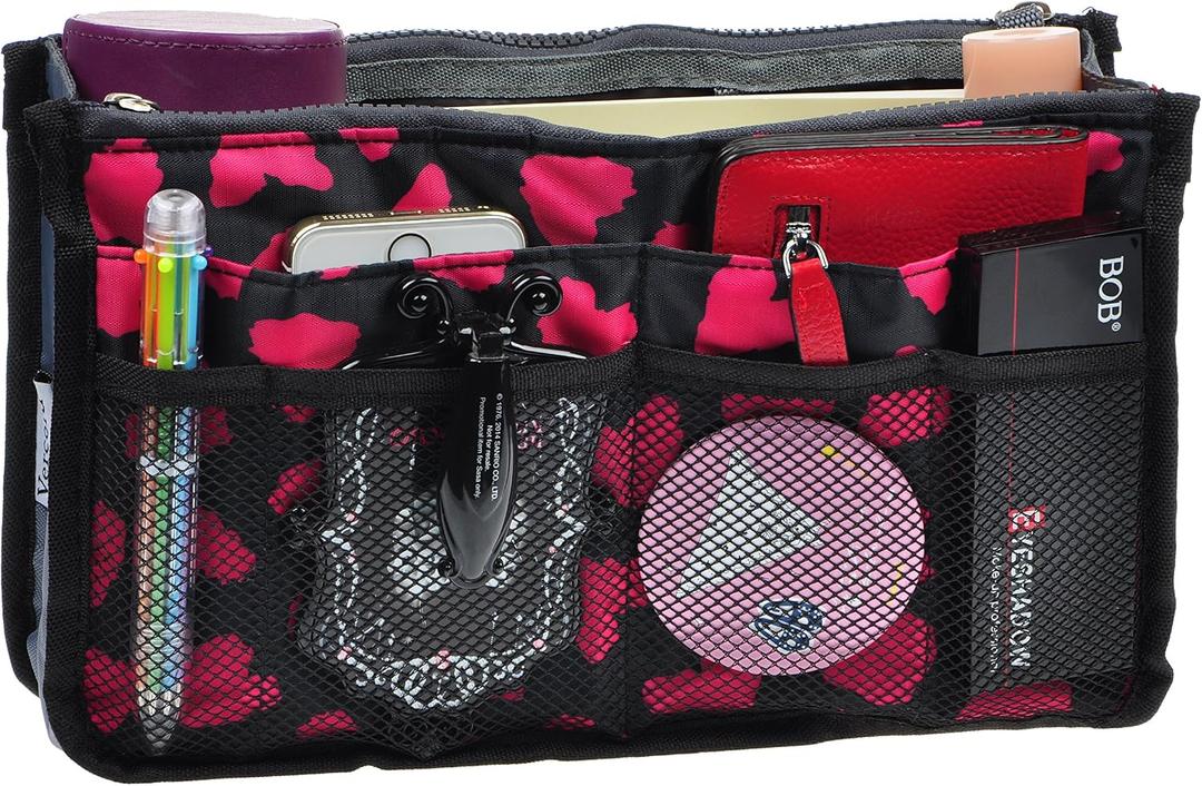 Vercord Purse Organizer Insert for Handbags Bag Organizers Inside Tote Pocketbook Women Nurse Nylon 13 Pockets Rose Heart Large