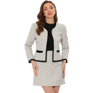 Allegra K Business Suit Set for Women's 2 Piece Outfits Plaid Tweed Easter Short Blazer Jacket and Skirt Sets (Medium, White)