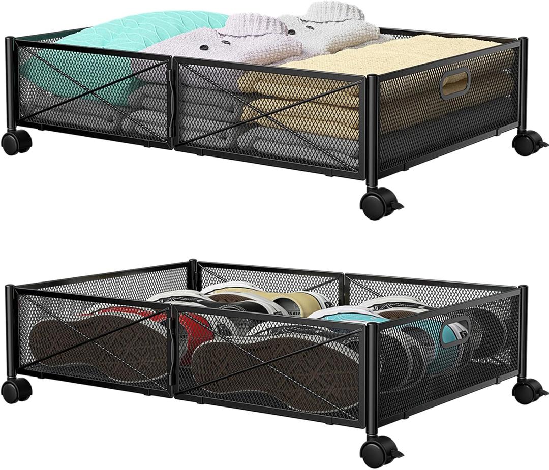 PHINOX Under Bed Storage with wheels, Under the Bed Storage Containers,Upgrade Crossed Iron Wire, Metal Rolling Underbed Storage Containers for Bedroom Clothes Shoes Blankets-2 Pack,Black