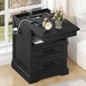 Gadroad 18" Farmhouse Accent Nightstand with Charging Station, End Table with 3 Drawers Storage, Side Table, Bedside Cabinet for LivingRoom Bedroom Office, Black