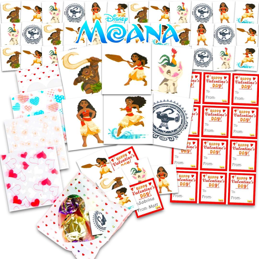 Moana Valentine's Day Classroom Gift Exchange - 24 Student Bundle with Moana Temporary Tattoos, Goodie Bags, To/From Stickers for School Valentines Handouts | Valentines Kids Party Favors
