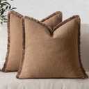 MIULEE Decorative Throw Pillow Covers Neutral Linen Fringe Throw Pillows Set of 2 Brown Boho Farmhouse Cushion Covers with Tassels for Couch Sofa Bed Living Room Spring Home Decor 18x18 Inch (18" x 18" (Pack of 2))