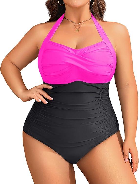 Yonique Plus Size Bathing Suit for Women One Piece Swimsuit Tummy Control Halter Tops for Women Swimwear, 20W, Hot Pink and Black