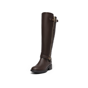 DREAM PAIRS Women's Knee High Boots Low Block Heel Riding Boots Round Toe Side Zipper Biker Motorcycle Buckle Boots US 8