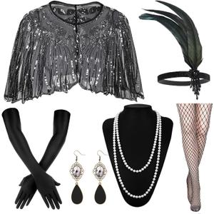 1920s Flapper Accessories Set for Women Roaring 20s Accessories Great Gatsby Costume Kit (Black Silver)