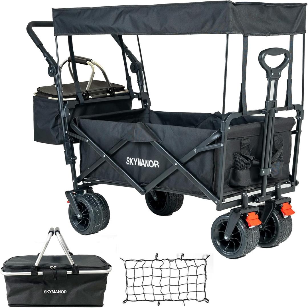Collapsible Wagon Folding Garden Cart with Removable Canopy Utility Wagon Cart with All-Terrain Wheels Brake Beach Cart for Sand Heavy Duty Beach Wagon for Camping Shopping (Black)
