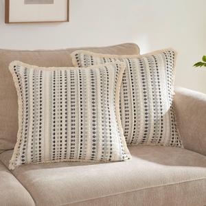 HALANS Embroidered Throw Pillow Cover Set of 2, Spring Summer Boho Farmhouse Decorative Pillow Case with Tassels, Textured Cushion Cases for Sofa Living Room Home Decor (Grey, 20" x 20")