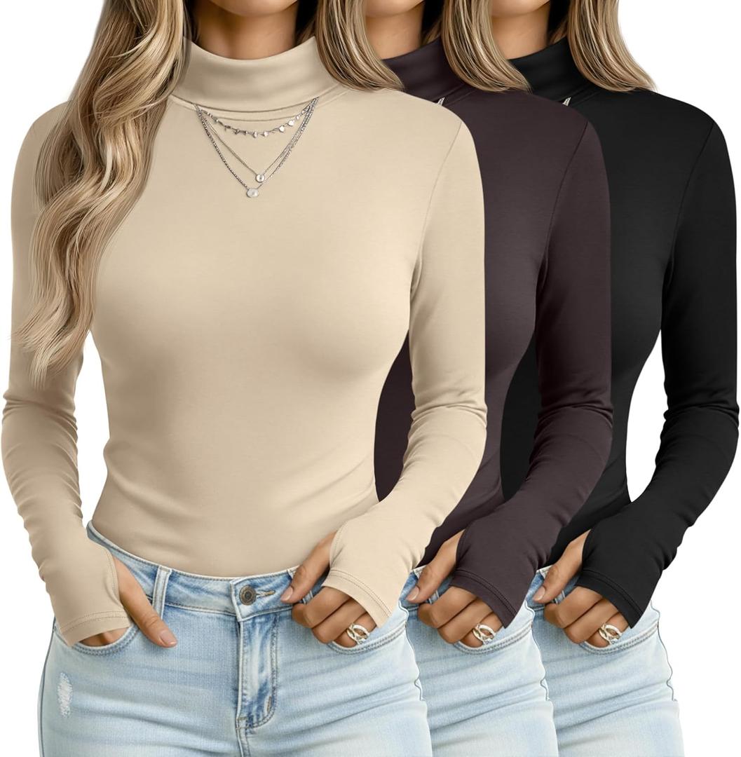 3 Pack Women's Long Sleeve Turtleneck T-Shirts, Thumbhole Slim Fit Base Layer Tops Mock Neck Thermal Underwears (Medium, Cream, Dark Brown, Black)