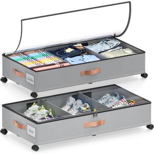 LESHZHEN 2 Pack Under Bed Storage Containers with Wheels, Dividers & Clear Lids, Underbed Storage Box for Clothes, Toys, Shoes (GREY, 2 Pack, 30.7 x 16.9 x 6.69 inches)