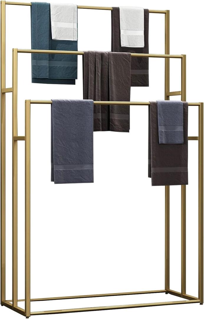 Large Size Standing Towel Racks for Bathroom, Freestanding 3 Tiers Modern Blanket Rack for Living Room, Metal Towel Ladder (Golden)
