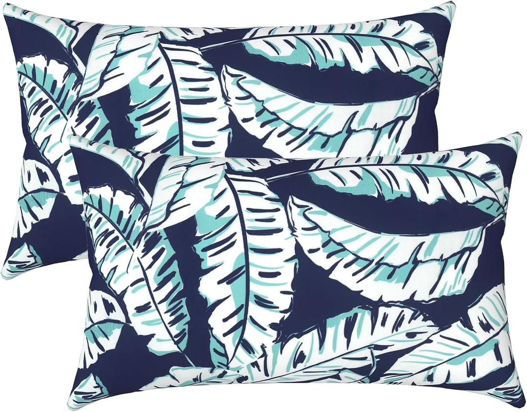 LVTXIII Set of 2 Patio Lumbar Pillows, 12x20 Fade Resistant Outdoor Lumbar Pillow with Inners, Fluffy Decorative Garden Lumbar Cushions for Home Patio Coach Sofa Use, Baltic Palms White
